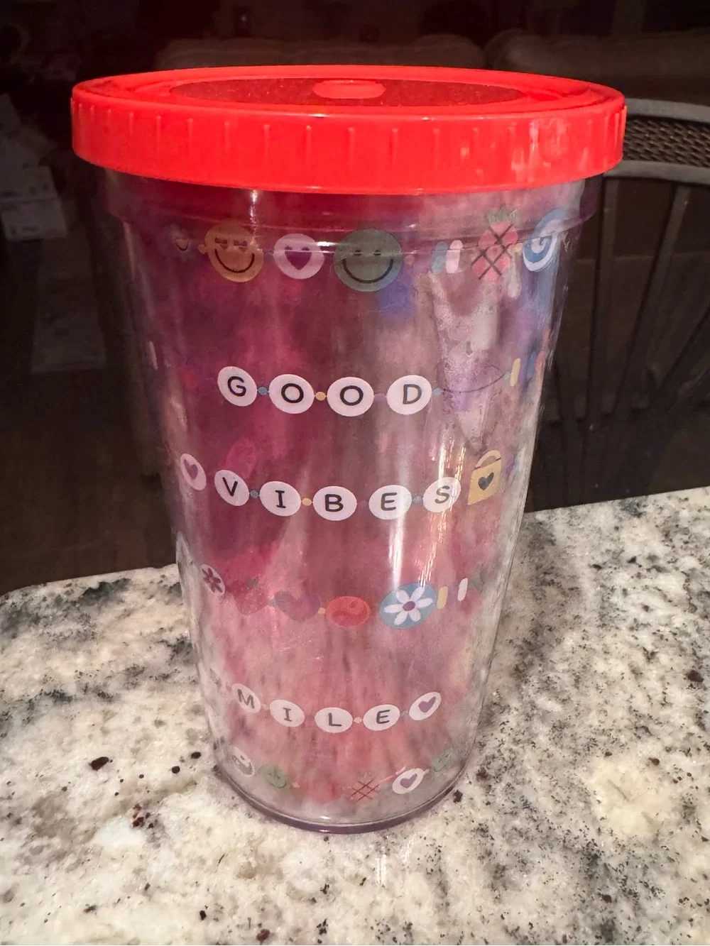 Good Vibes Red Lid Double-Wall Travel Tumbler no straw